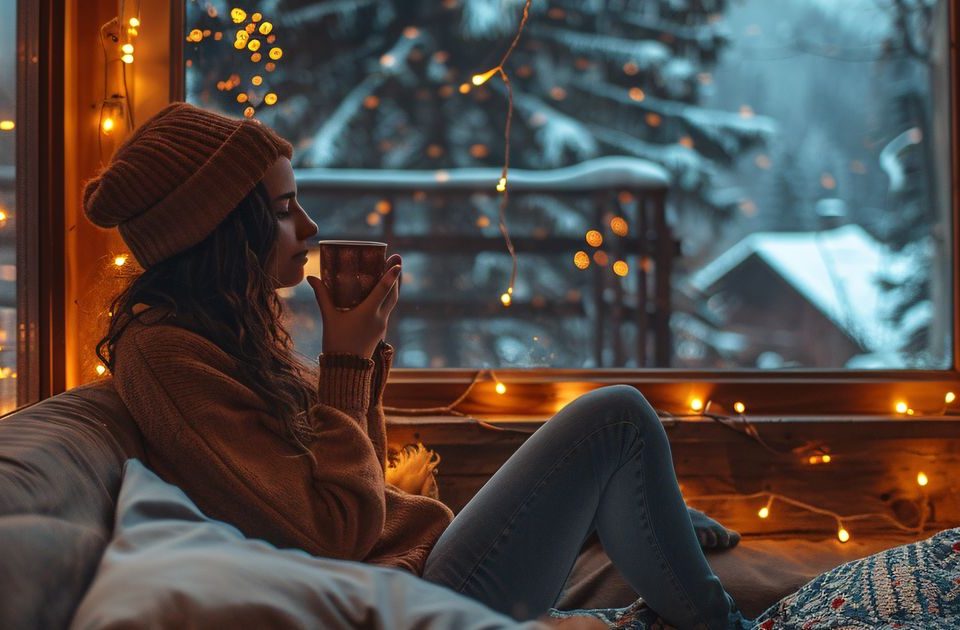 Nő nyugodt és békés légkörben, a belső csendre hangolódva.