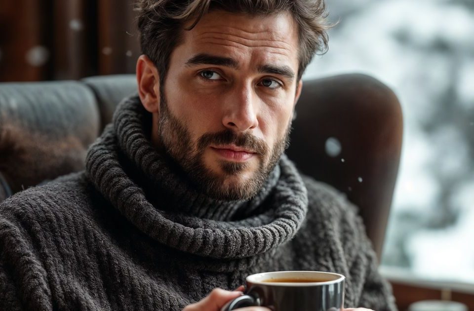 Egy ember csendben ül az ablaknál téli fényben, befelé figyelve