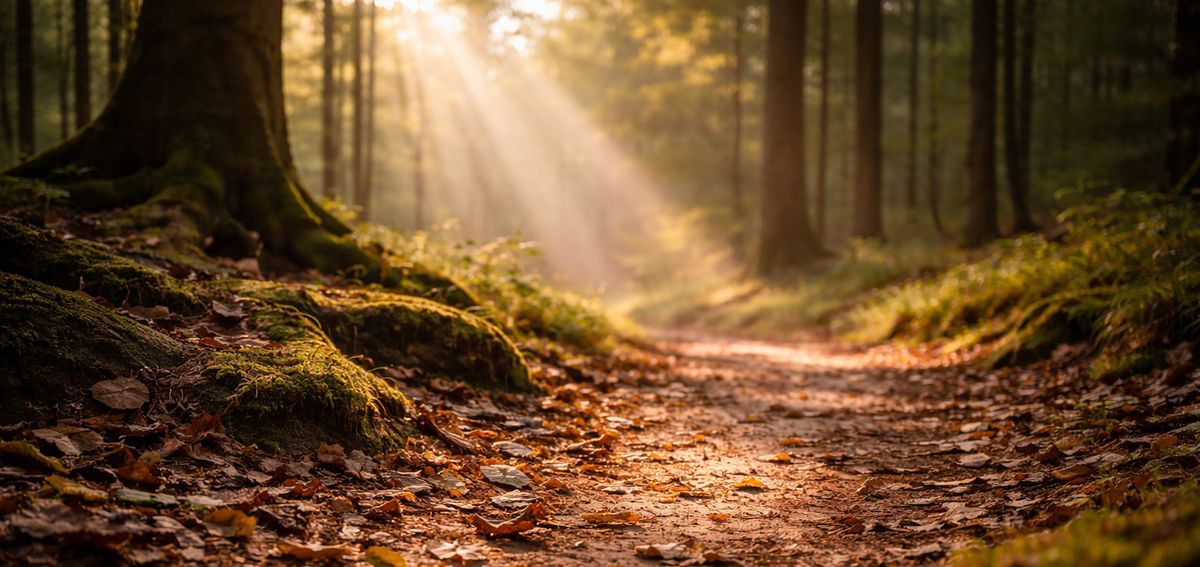 Reggeli fény az erdőben, levelek és talaj közelről - a jelenlét és megérkezés hangulata