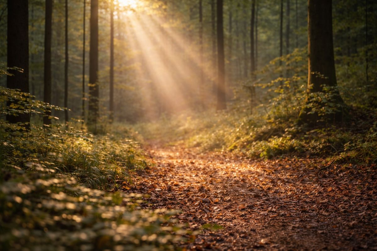 Reggeli fény az erdő talaján, levelek és napsugarak – a megérkezés és belső figyelem hangulata