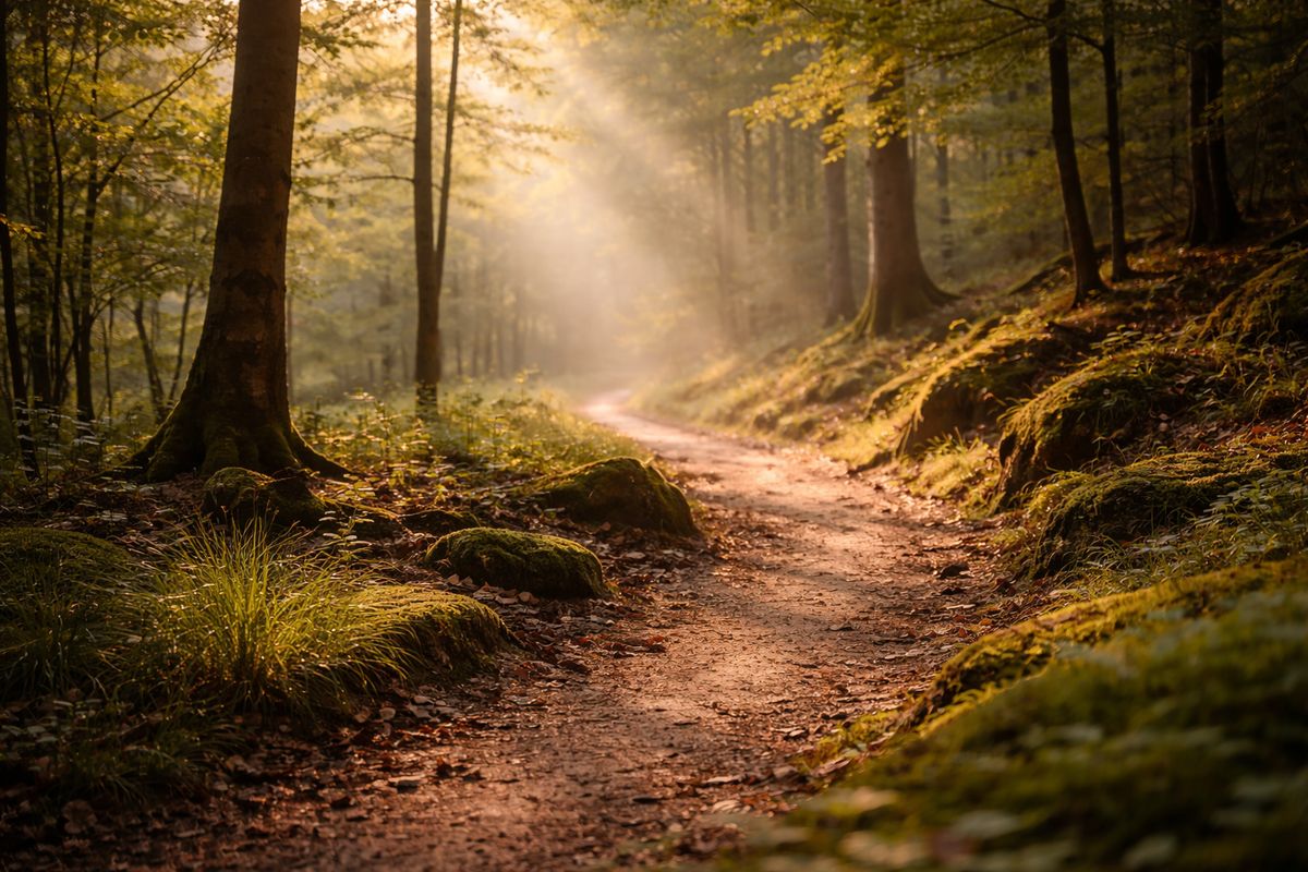 Csendes erdei ösvény napfényben, amely a befelé vezető utat szimbolizálja