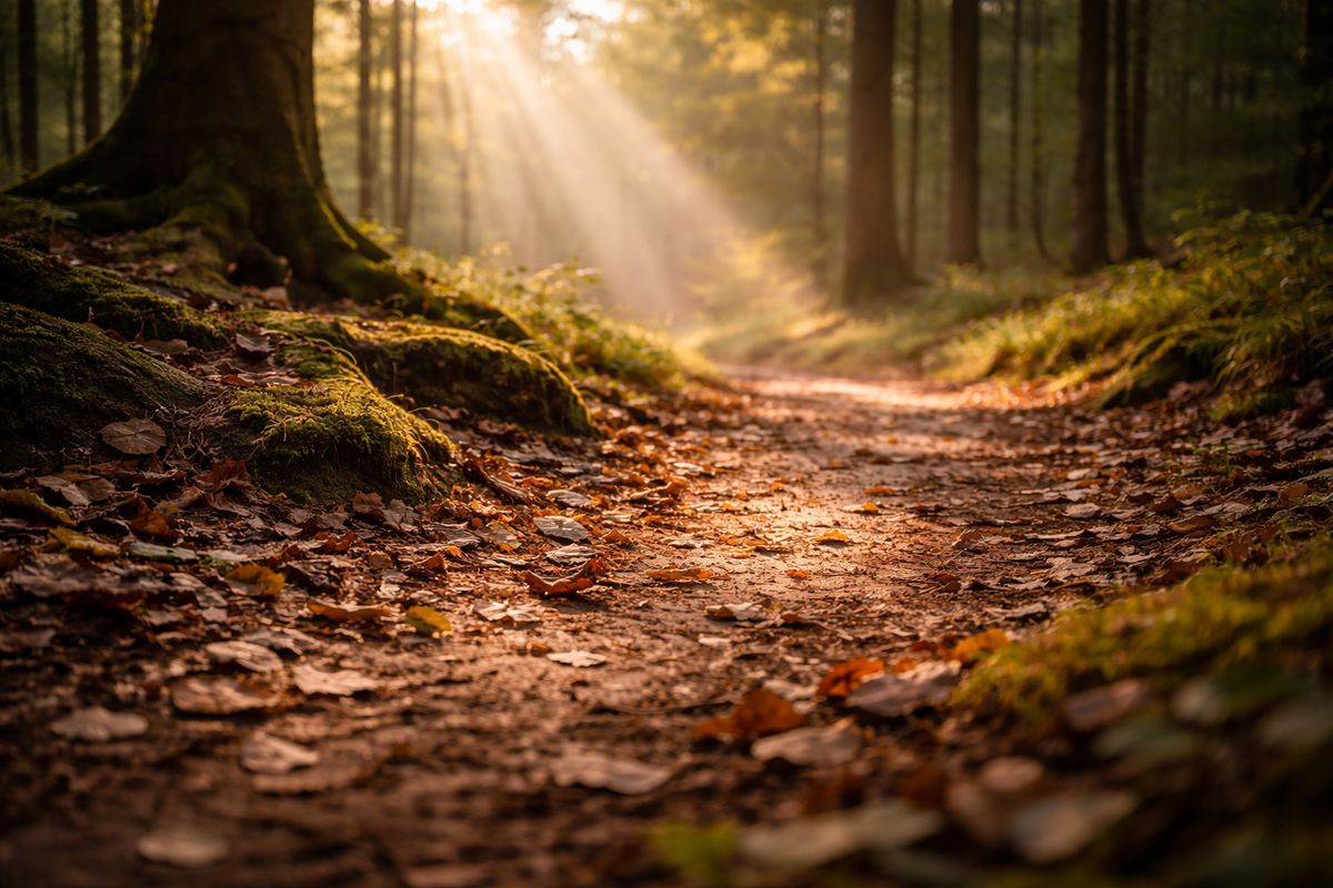 Reggeli fény az erdőben, levelek és talaj közelről - a jelenlét és megérkezés hangulata