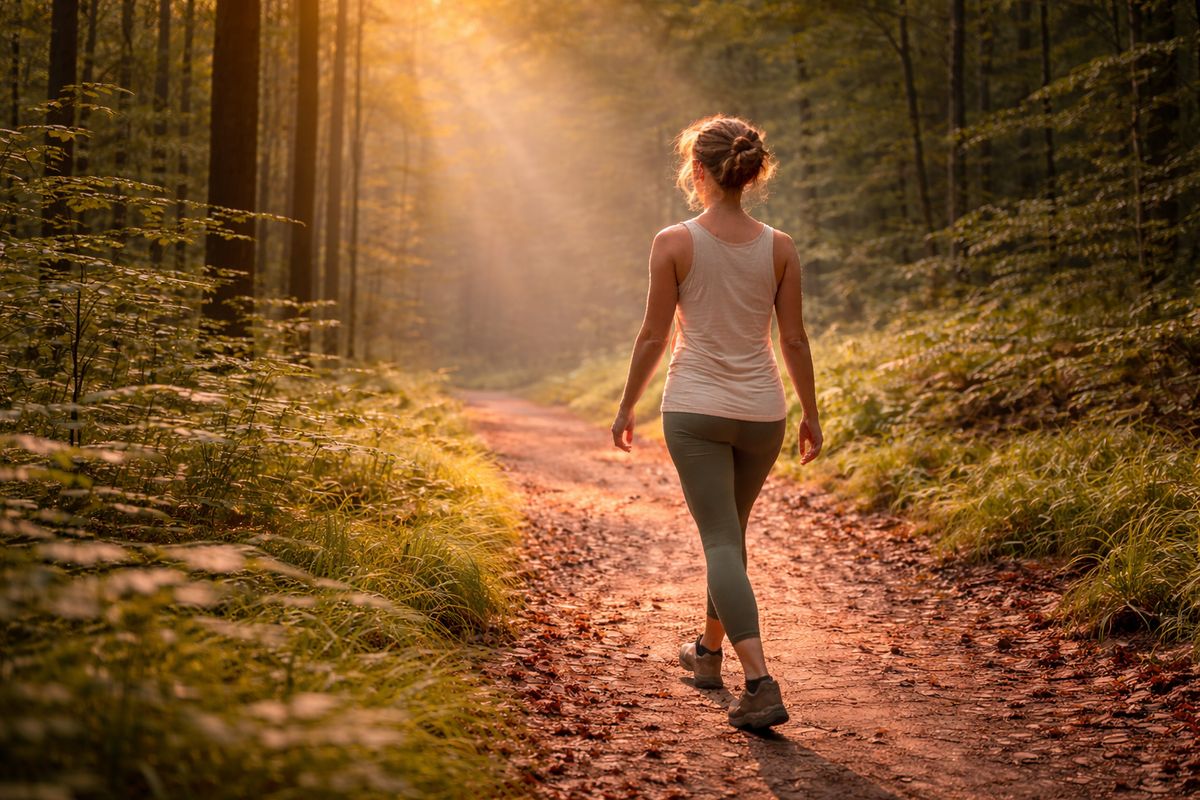 Séta napsütötte erdőben, lassú mozgás és természetes jelenlét hangulata