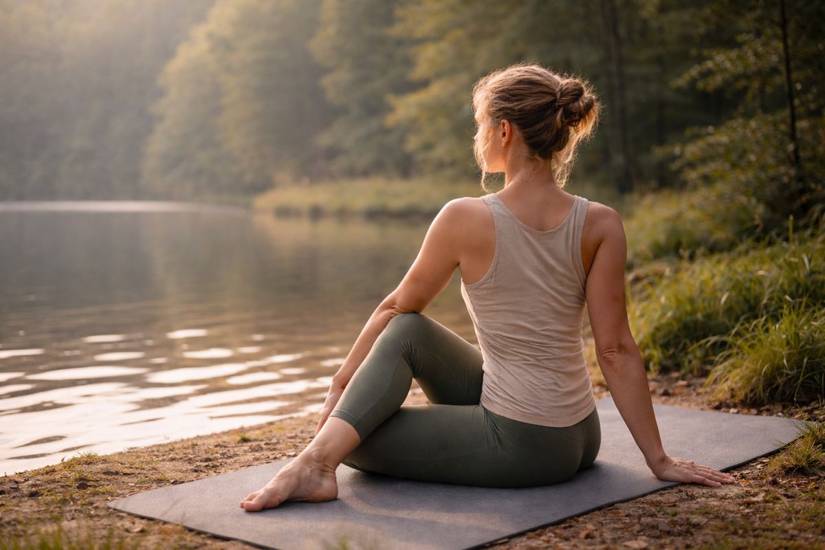 Finom gerinccsavarás természetes környezetben, nyugodt figyelem és belső érzékelés