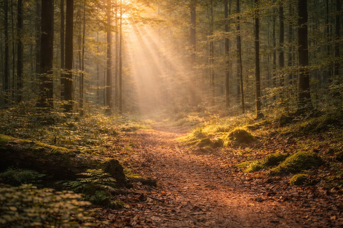 Reggeli fény az erdő talaján, levelek és napsugarak a csend és megérkezés hangulatával