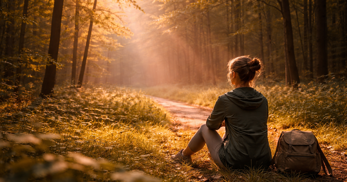 Erdei tisztáson ülő nő a reggeli fényben - a belső folyamat elindulásának hangulata