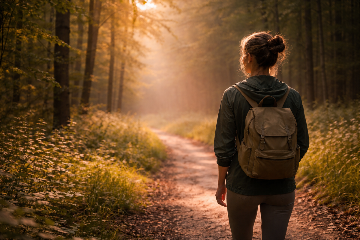 Csendes séta erdei ösvényen reggeli fényben - a belső folyamatok elindulásának szimbóluma