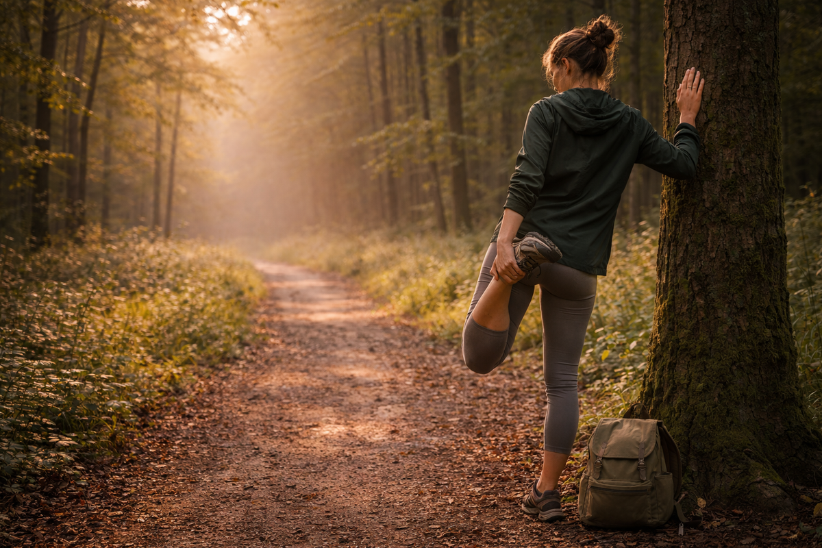 Erdei ösvényen megálló nő lábnyújtást végez egy fánál - a test jelzéseire való figyelés pillanata