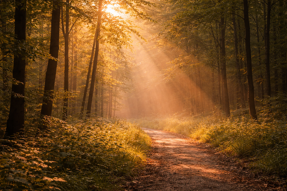Reggeli napfény szűrődik át az erdő fái között - a megnyugvás és belső rendeződés hangulata