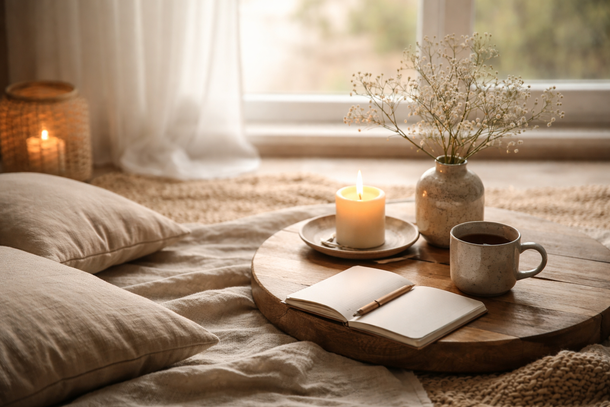 csendes, meghitt tér jegyzetfüzettel és teával egy érzelmi evésről szóló önismereti alkalomhoz