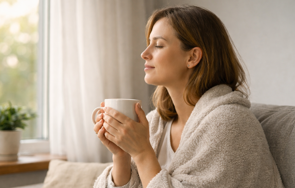 csendes reggeli pillanat természetes fényben, befelé figyelő nő