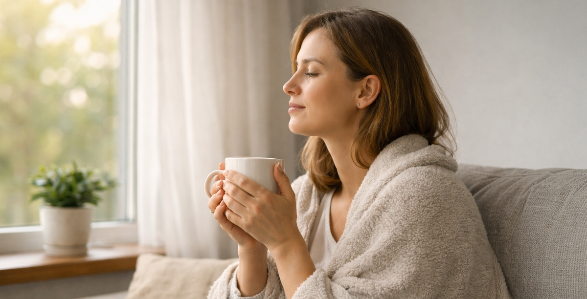 csendes reggeli pillanat természetes fényben, befelé figyelő nő