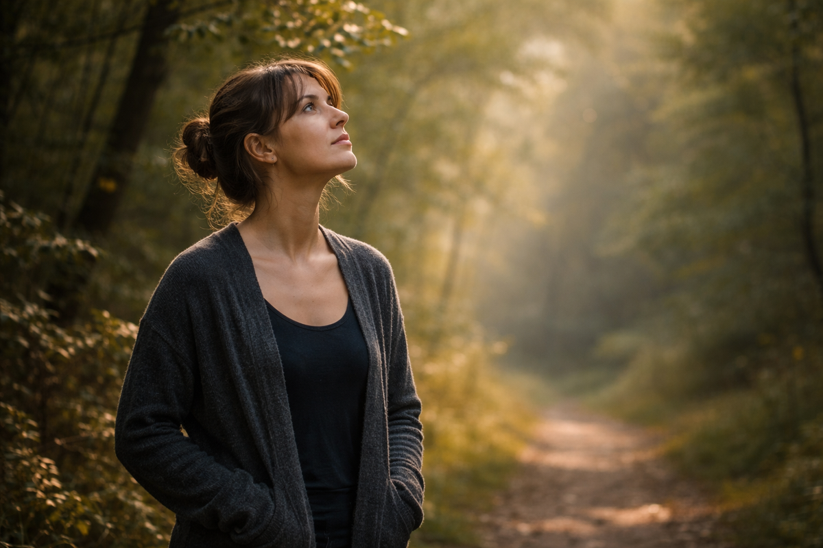 Megállás az erdőben, természetes fényben - a belső figyelem és megengedés hangulata