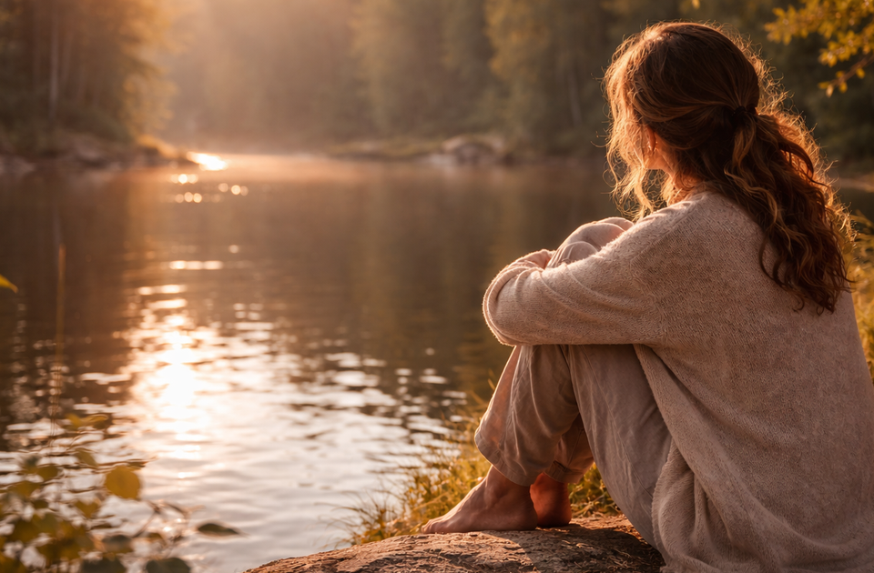 Csendes megállás a természetben egy tóparton - a belső folyamatok és az önreflexió pillanata