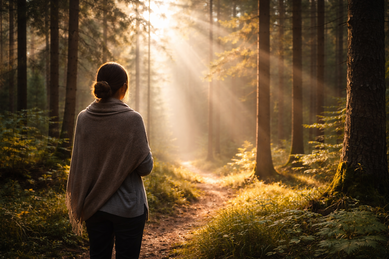 Megállás az erdőben átszűrődő napfényben – a belső folyamatok lassú rendeződésének hangulata