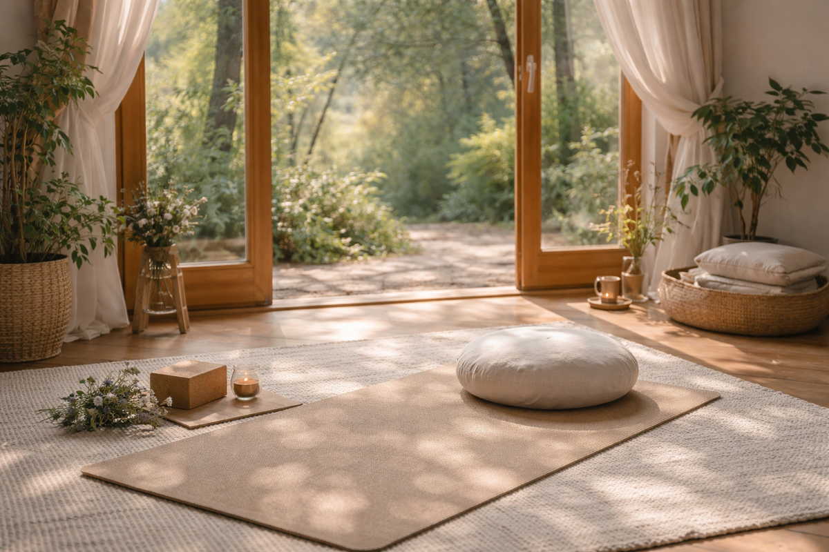 marma-jelenlet-ter csendes, napfényes tér jógaszőnyeggel