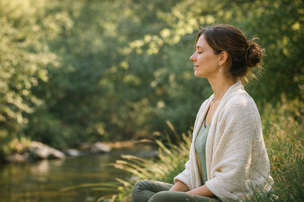 marma-kapcsolodas-onmagaddal befelé figyelő nő természetben