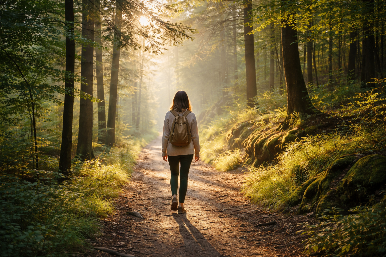 Csendes séta erdei ösvényen reggeli fényben – a közeledés és visszalépés természetes ritmusa