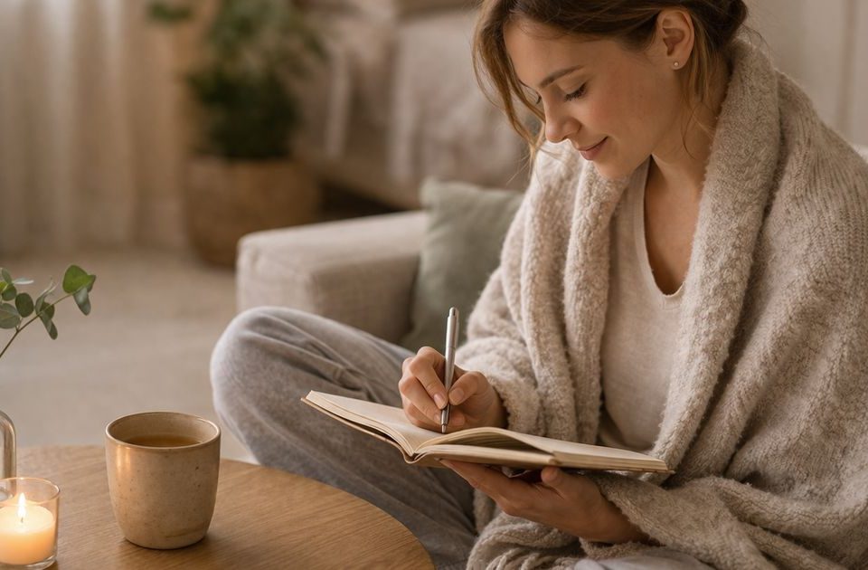 befelé figyelő nő csendes jelenlétben, tea és jegyzetfüzet mellett