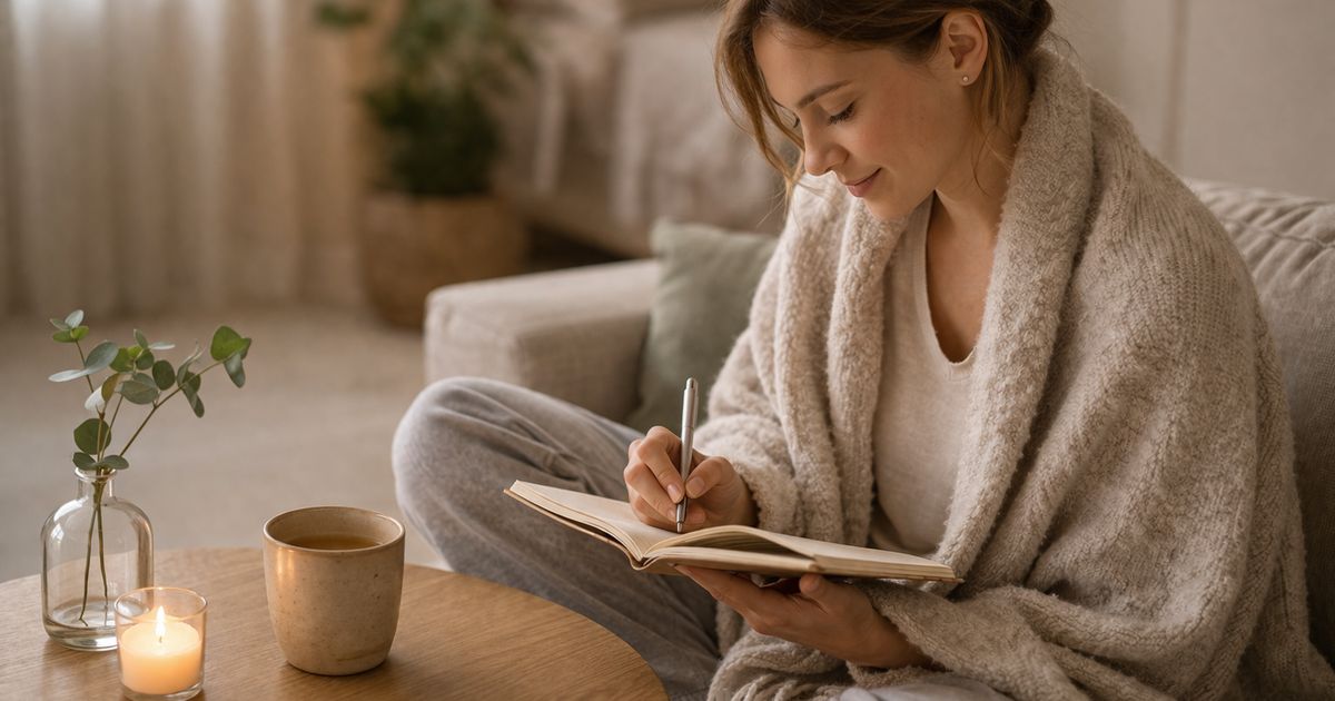 befelé figyelő nő csendes jelenlétben, tea és jegyzetfüzet mellett