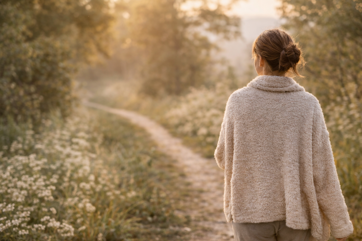 nő sétál egy ösvényen, természet, előrehaladás és nyitottság